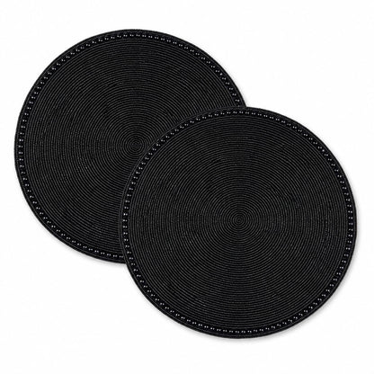 13" Round Glass Beaded Placemats - 2 Pack Table Mats Chargers for Dinner Plates, Plate Chargers Boho Luxurious Elegant Décor for Dining Table, Events & Parties (Black)