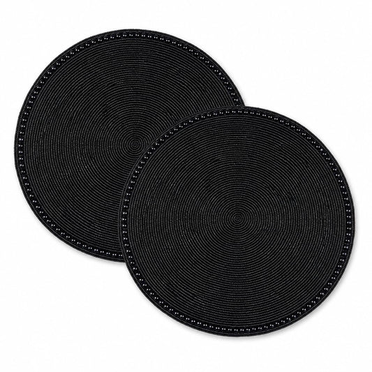 13" Round Glass Beaded Placemats - 2 Pack Table Mats Chargers for Dinner Plates, Plate Chargers Boho Luxurious Elegant Décor for Dining Table, Events & Parties (Black)
