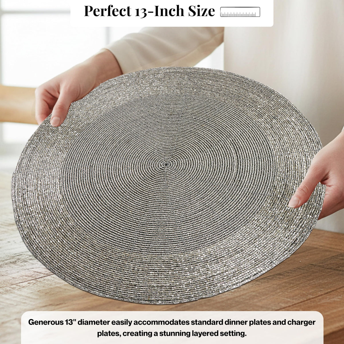 ALPHA Living HOME Round Beaded Placemats – 13 Inch Decorative Glass Bead Table Mats, Set of 4 (Silver)