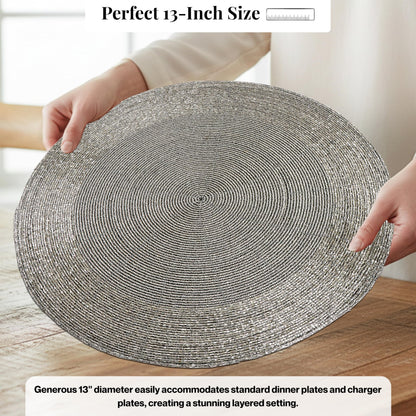 ALPHA Living HOME Round Beaded Placemats – 13 Inch Decorative Glass Bead Table Mats, Set of 4 (Silver)