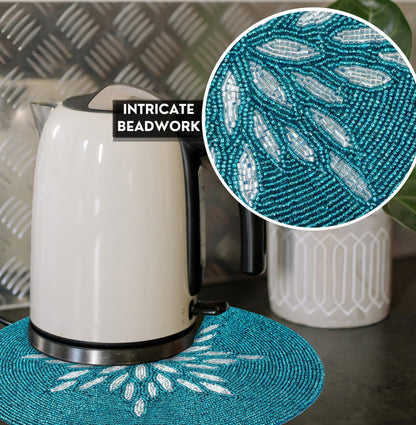 ALPHA Living HOME Beaded Table Mat – Handmade Glass Bead Round Charger Placemat, Set of 1 (Silver Teal)