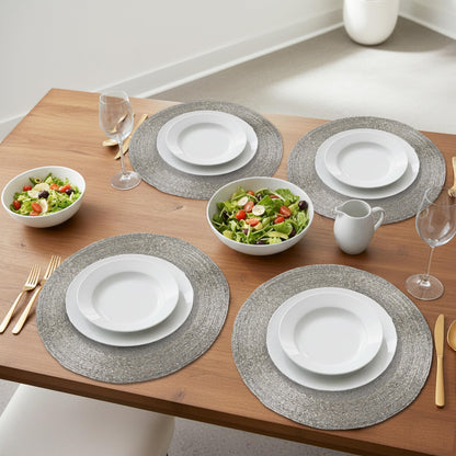 ALPHA Living HOME Round Beaded Placemats – 13 Inch Decorative Glass Bead Table Mats, Set of 4 (Silver)