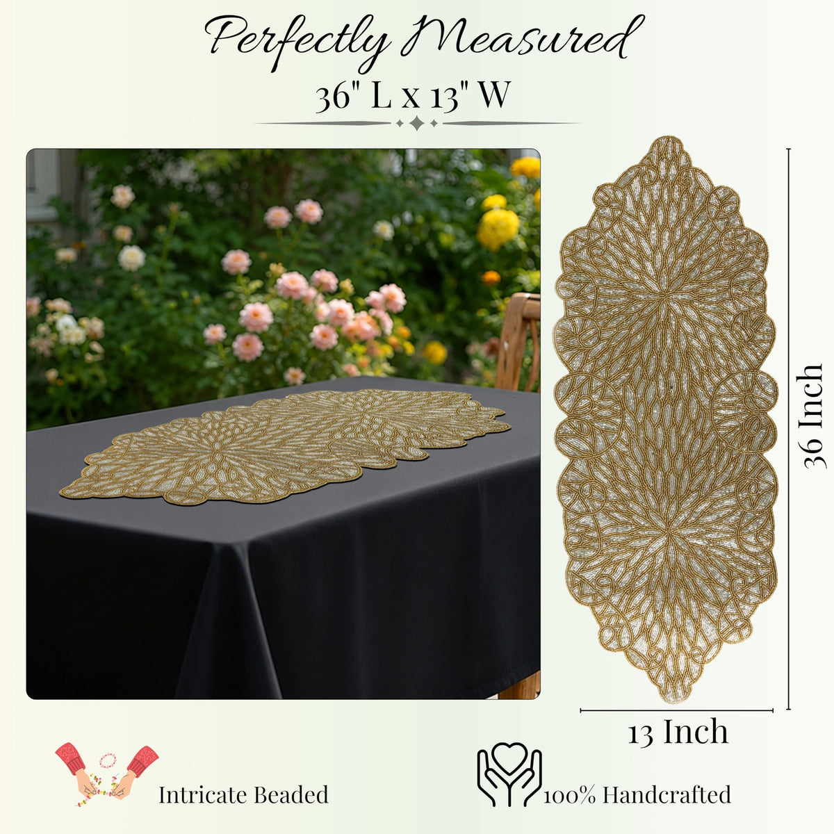 Hand Beaded Table Runner 13 x 36 Inch, Decorative Glass Bead Table Runner with Polyester Back, Elegant Dining Table Centerpiece for Coffee, Console & Buffet Tables, Wedding, Holiday & Home Décor