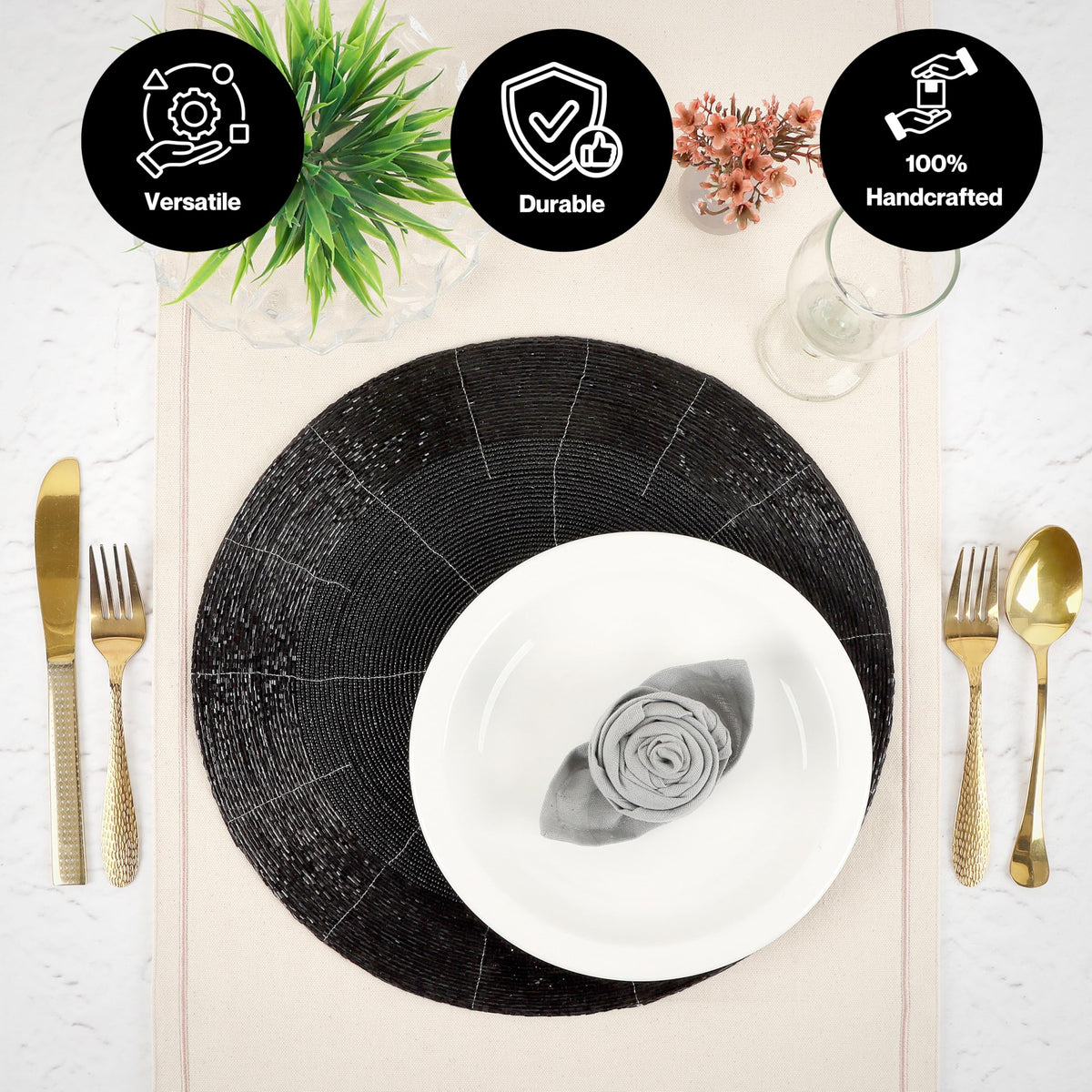 ALPHA Living HOME Round Beaded Placemats – Handmade Glass Bead Charger Table Mats, Set of 4 (Jet Black)