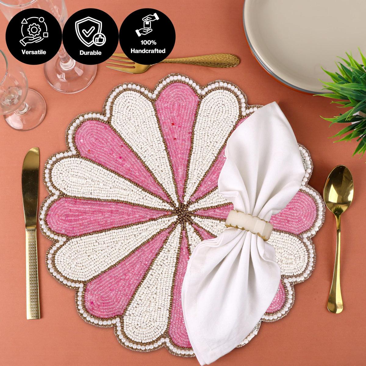 ALPHA LIVING HOME, 13-Inch Beaded Placemat, Pink White, Set of 1