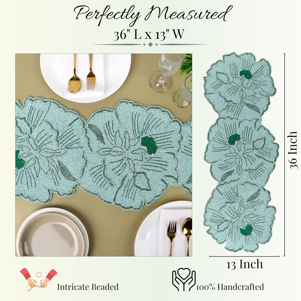 Beaded Table Runner 13x36 Inch, Handmade Decorative Dining Table Centerpiece with Premium Glass Beads & Polyester Back, Elegant Runner for Coffee, Console & Dresser Tables, Light Green