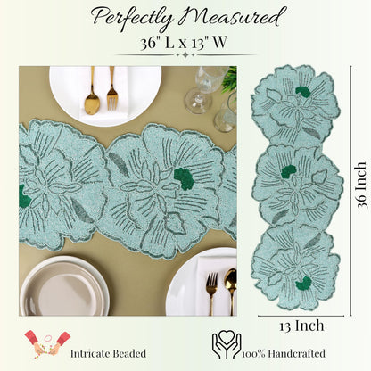 Beaded Table Runner 13x36 Inch, Handmade Decorative Dining Table Centerpiece with Premium Glass Beads & Polyester Back, Elegant Runner for Coffee, Console & Dresser Tables, Light Green