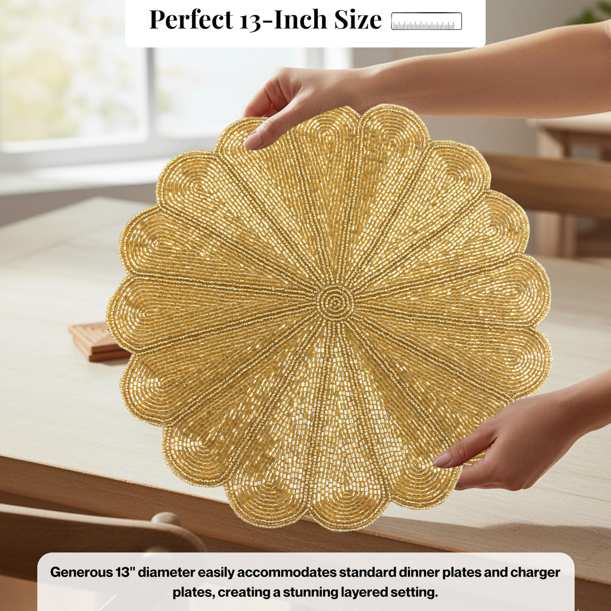 Alpha Living 13-Inch Round Beaded Placemats, Gold, Set of 2