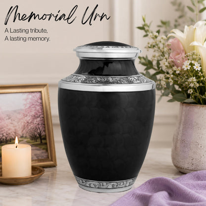 Alpha Living Home Urns for Human Ashes Adult Female and Male 200+ Cubic Inches, Decorative Burial Urn, Funeral Cremation Urns for Women and Men, Handcrafted Urn for Ashes Adult 10" Black Silver