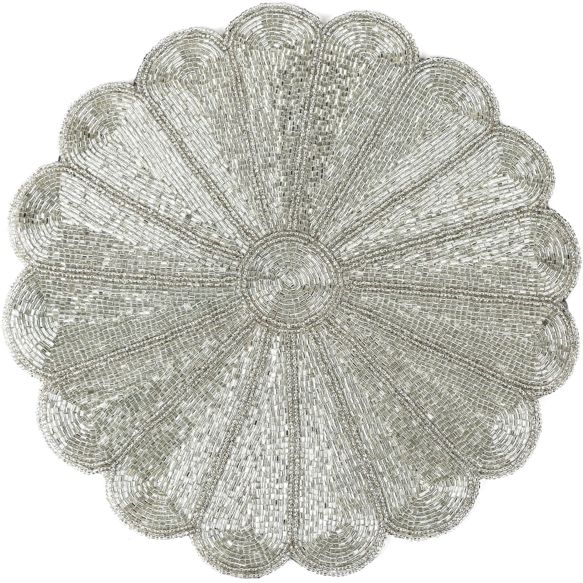 Alpha Living HOME Beaded Placemat – Handmade Glass Bead Charger Table Mat, Decorative Round Dining Decor, Set of 1 (Silver)