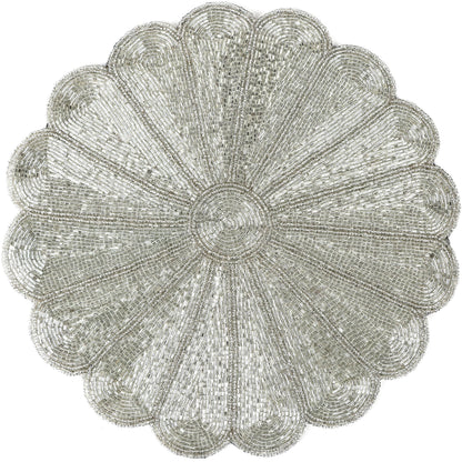 Alpha Living HOME Beaded Placemat – Handmade Glass Bead Charger Table Mat, Decorative Round Dining Decor, Set of 1 (Silver)