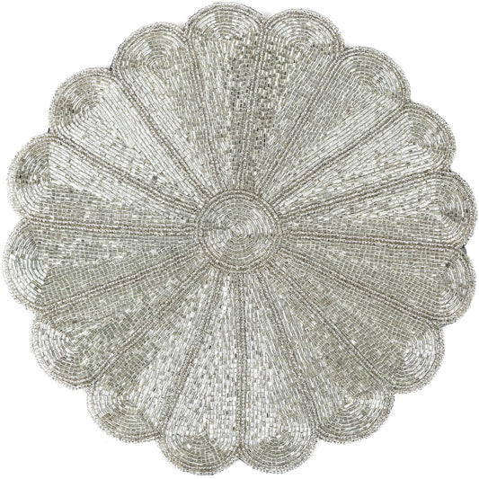 Alpha Living HOME Beaded Placemat – Handmade Glass Bead Charger Table Mat, Decorative Round Dining Decor, Set of 1 (Silver)