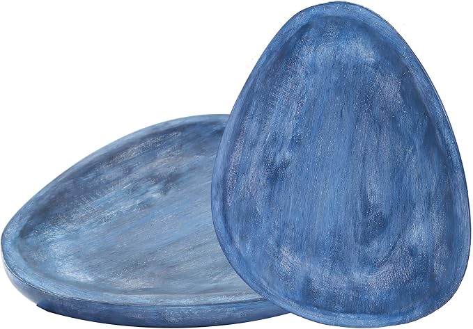 Set of 2 Oval Mango Wood Serving Tray Handmade Metal Fruit Bowl Decorative Vanity Platter Tray, Kitchen Bathroom Counter Storage Counter Organizer, 14/12 Inch - Ebony Blue