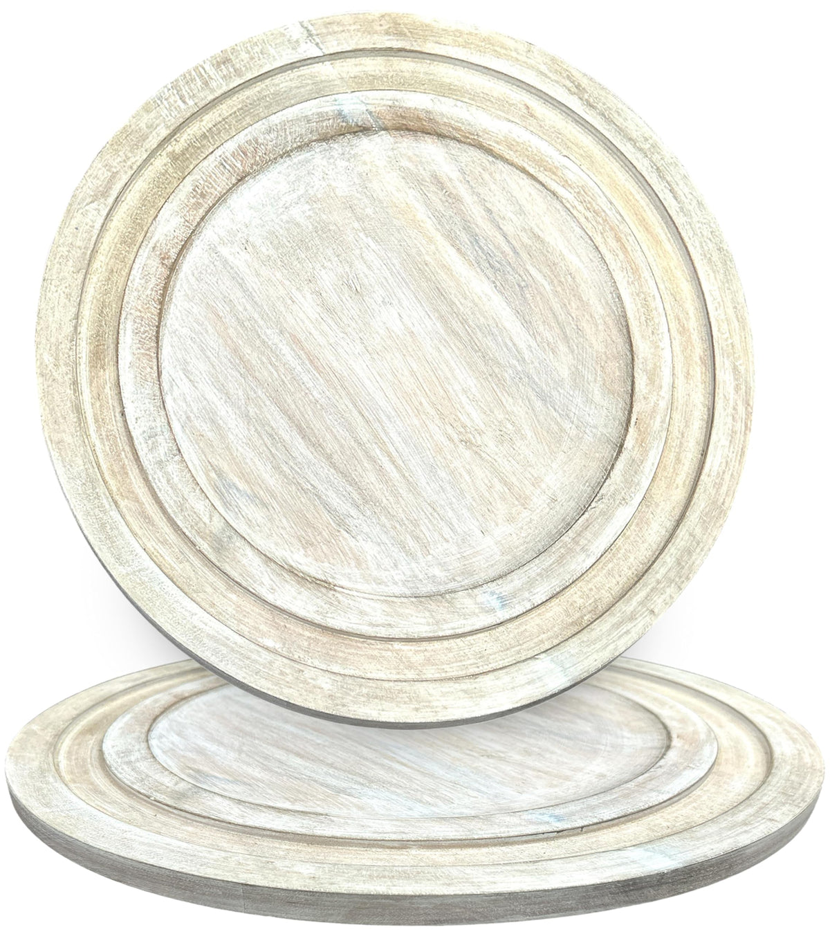 Alpha Living Home 2 Pack Handcrafted Wood Charger Plates - 13" Rustic Round Wooden Dinnerware, Lightweight Decorative Serving Trays for Desserts Appetizers Dining Parties Weddings Cake (White)