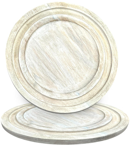 Alpha Living Home 2 Pack Handcrafted Wood Charger Plates - 13" Rustic Round Wooden Dinnerware, Lightweight Decorative Serving Trays for Desserts Appetizers Dining Parties Weddings Cake (White)