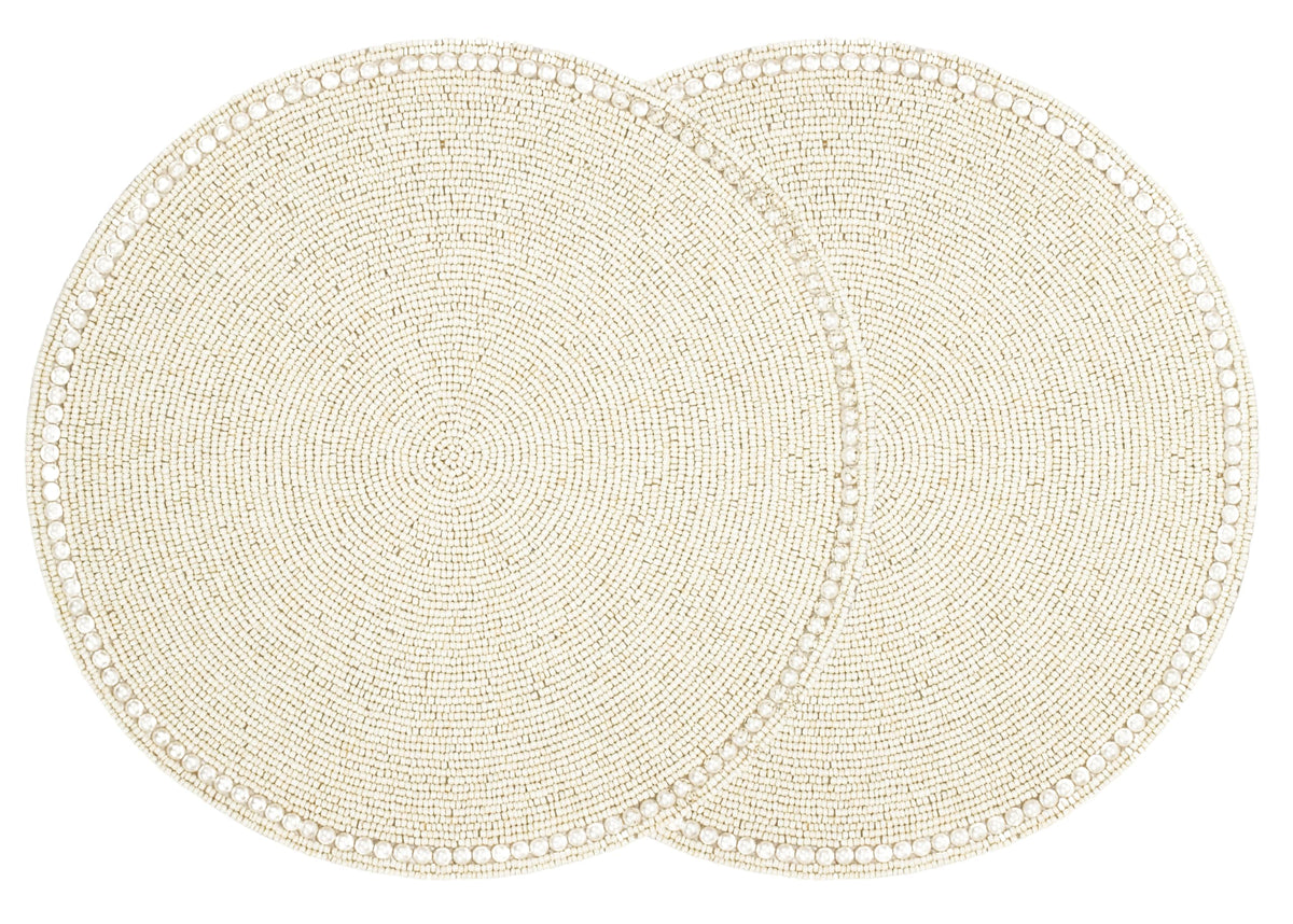 Round Beaded Placemats - Handmade Beaded Table Mat Non-Slip Polyester Backing for Dining Table Decor, Kitchen, Parties, Family Meals Pack of 2 (Ivory) - ALPHA Living HOME