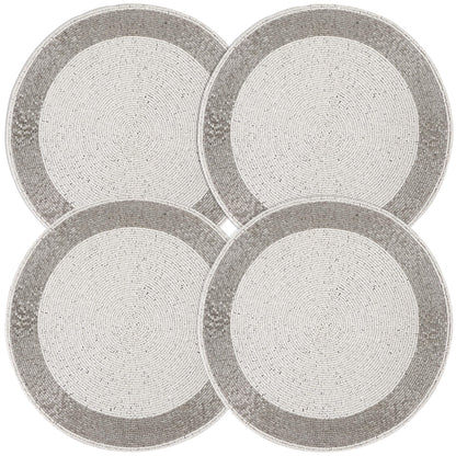 ALPHA Living HOME Silver White Beaded Placemats – 13 Inch Round Handmade Table Mats, Set of 4