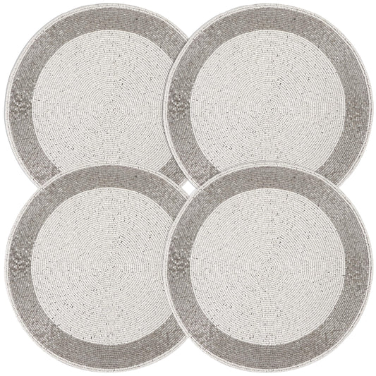 ALPHA Living HOME Silver White Beaded Placemats – 13 Inch Round Handmade Table Mats, Set of 4