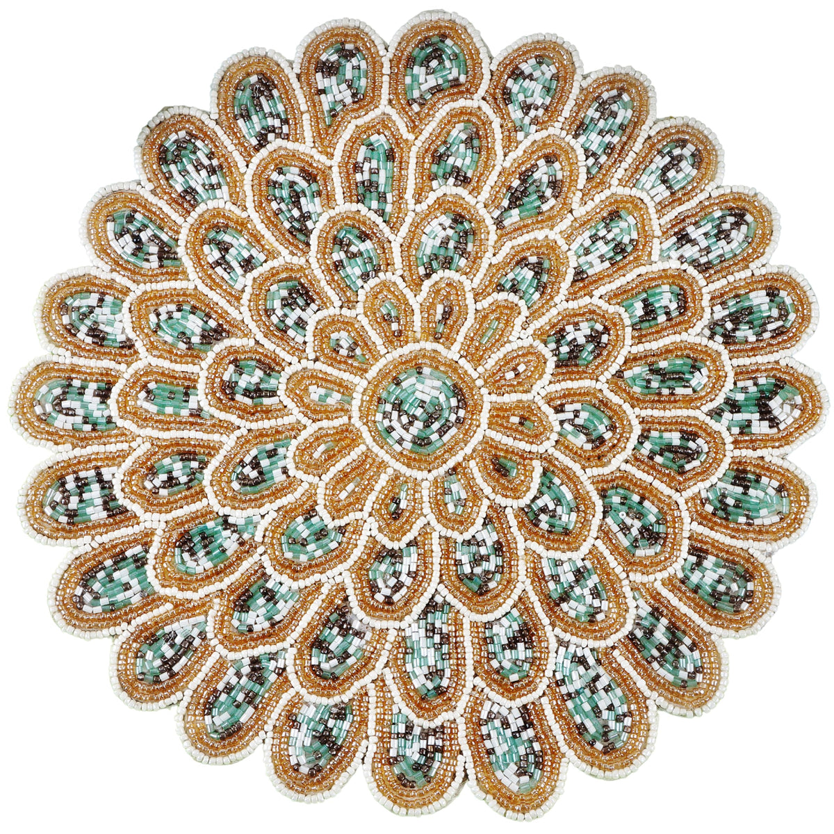 ALPHA Living HOME Beaded Placemat – Green, Gold & Ivory, 13 Inch, Set of 1