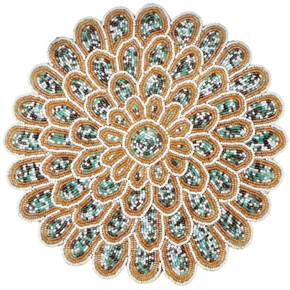 ALPHA Living HOME Beaded Placemat – Green, Gold & Ivory, 13 Inch, Set of 1