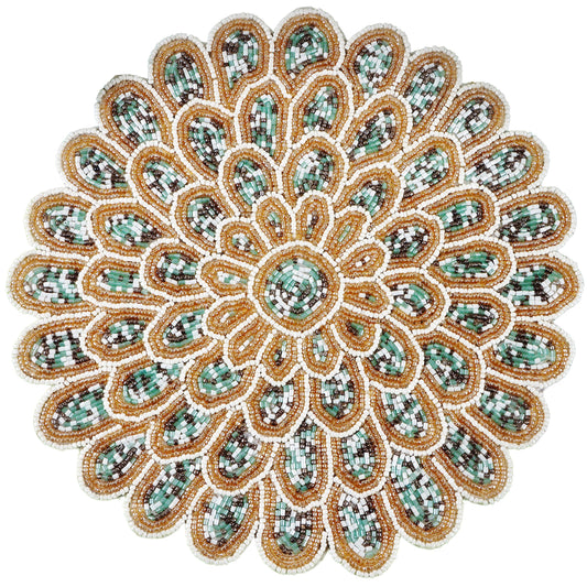 ALPHA Living HOME Beaded Placemat – Green, Gold & Ivory, 13 Inch, Set of 1