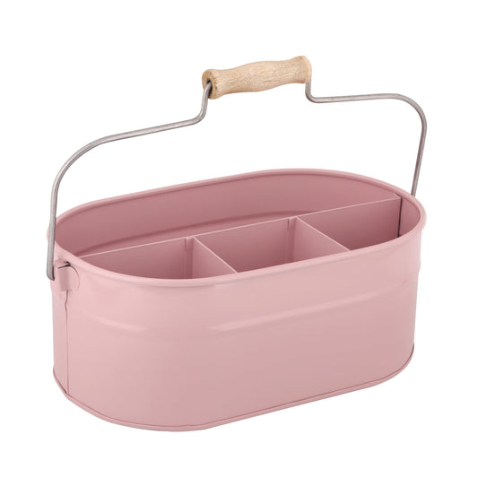 Alpha Living Home Farmhouse Utensil Caddy - 4 Compartment Silverware & Kitchen Organizer with Sturdy Wooden Handle, Heavy Duty Metal Alloy Utensil Holder Durable Powder-Coated Finish (Pink)