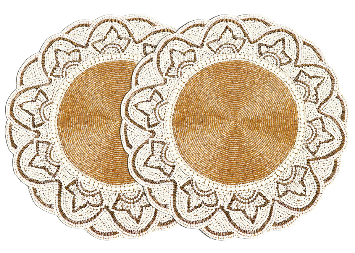 ALPHA Living HOME Glass Beaded Placemats – 13 Inch Round Charger Table Mats, Set of 2 (Ivory Gold)