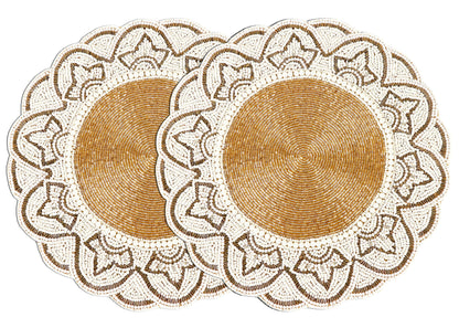 ALPHA Living HOME Glass Beaded Placemats – 13 Inch Round Charger Table Mats, Set of 2 (Ivory Gold)