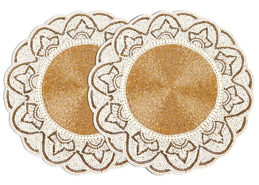 ALPHA Living HOME Glass Beaded Placemats – 13 Inch Round Charger Table Mats, Set of 2 (Ivory Gold)