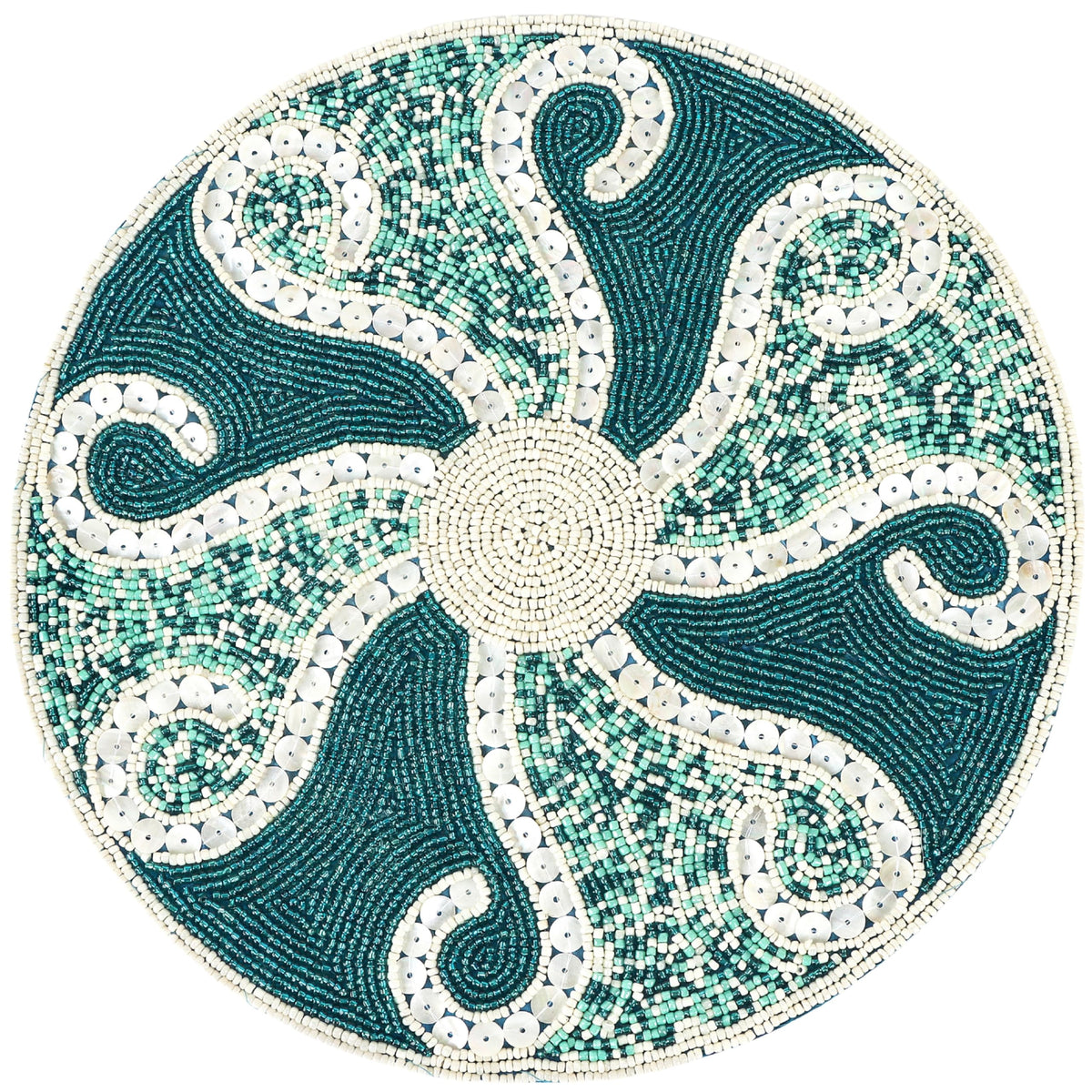 13-Inch Round Beaded Placemat, Teal Ivory, Set of 1