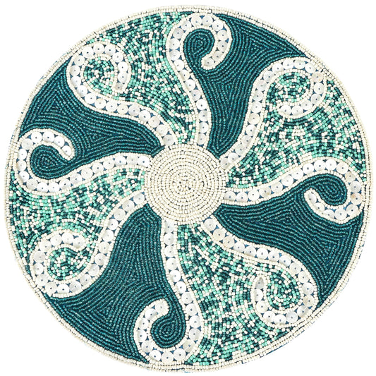 13-Inch Round Beaded Placemat, Teal Ivory, Set of 1