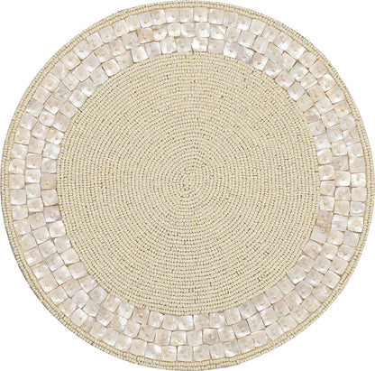 ALPHA Living HOME Ivory Beaded Placemat 13 Inch Round Glass Bead Dining Mat- Set of 1