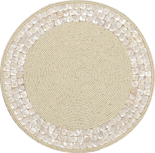 ALPHA Living HOME Ivory Beaded Placemat 13 Inch Round Glass Bead Dining Mat- Set of 1