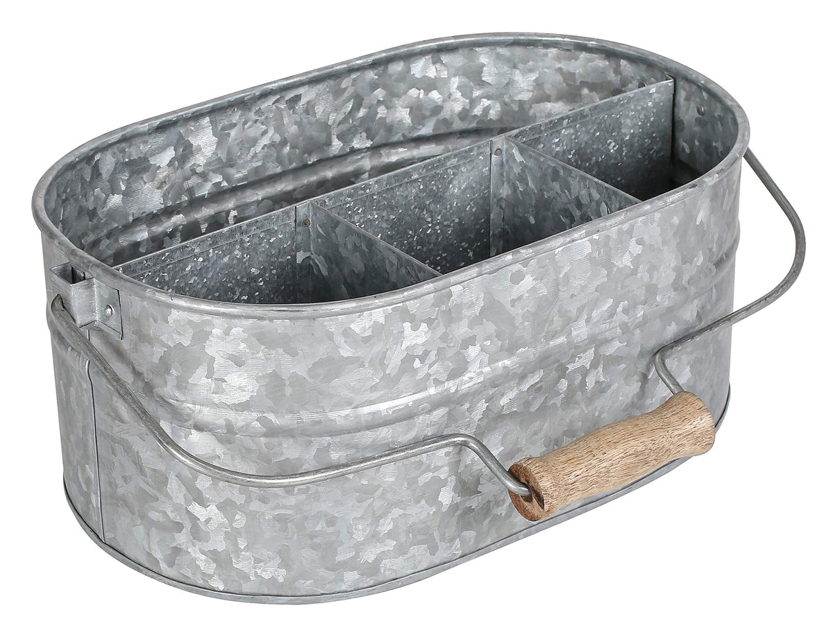 Alpha Living Home Galvanized Metal Utensil Caddy - Rustic Farmhouse Organizer Metal Garden Caddy with 4 Compartments and Wooden Handle for Kitchen, Buffet & Outdoor Events (Silver)
