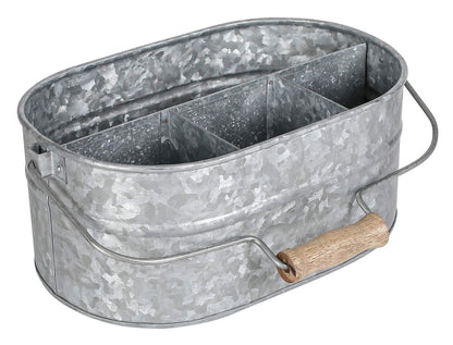 Alpha Living Home Galvanized Metal Utensil Caddy - Rustic Farmhouse Organizer Metal Garden Caddy with 4 Compartments and Wooden Handle for Kitchen, Buffet & Outdoor Events (Silver)
