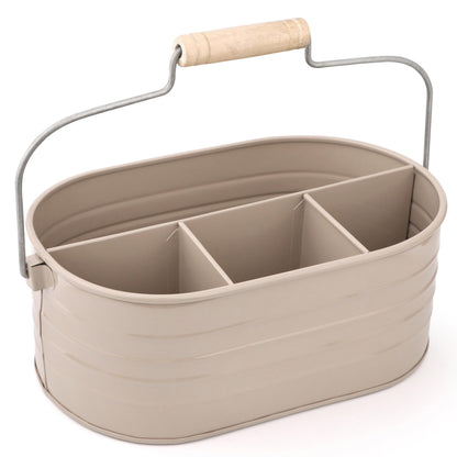Alpha Living Home Multi-Functional Utensil Silverware Caddy - 4 Compartment Organizer for Kitchen, Party & Office – Durable Beige Powder-Coated Iron Alloy with Wooden Handle