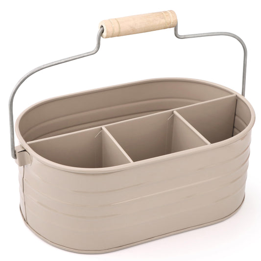 Alpha Living Home Multi-Functional Utensil Silverware Caddy - 4 Compartment Organizer for Kitchen, Party & Office – Durable Beige Powder-Coated Iron Alloy with Wooden Handle