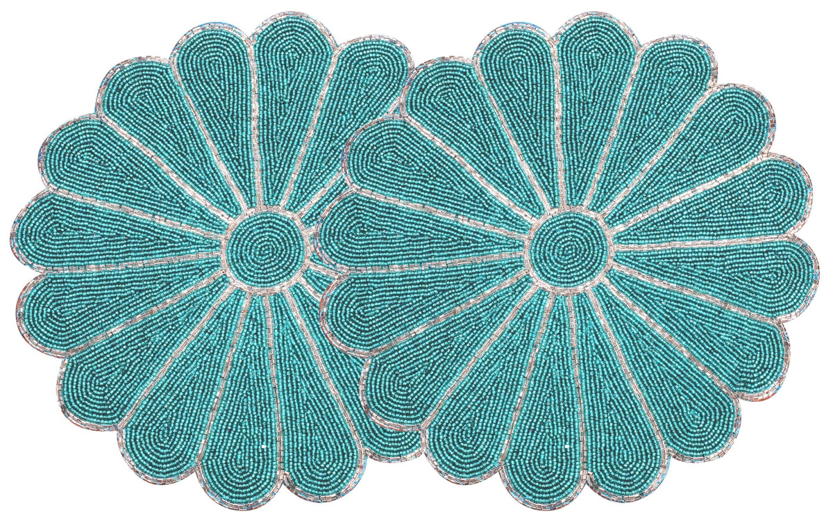 Alpha Living Home 2-Pack Round Placemats, Glass Beads, Teal Silver, 13 Inch