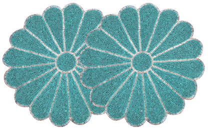 Alpha Living Home 2-Pack Round Placemats, Glass Beads, Teal Silver, 13 Inch