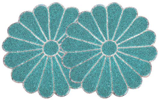 Alpha Living Home 2-Pack Round Placemats, Glass Beads, Teal Silver, 13 Inch