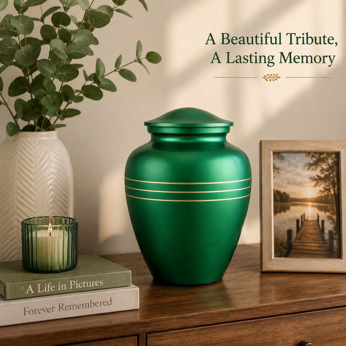 Memorials Cremation Urns for Human Ashes Cremation Urn Funeral Urns for Adult Female & Male Decorative Burial Urn Holds Large up to 220 lbs (Green Gold) - ALPHA Living HOME