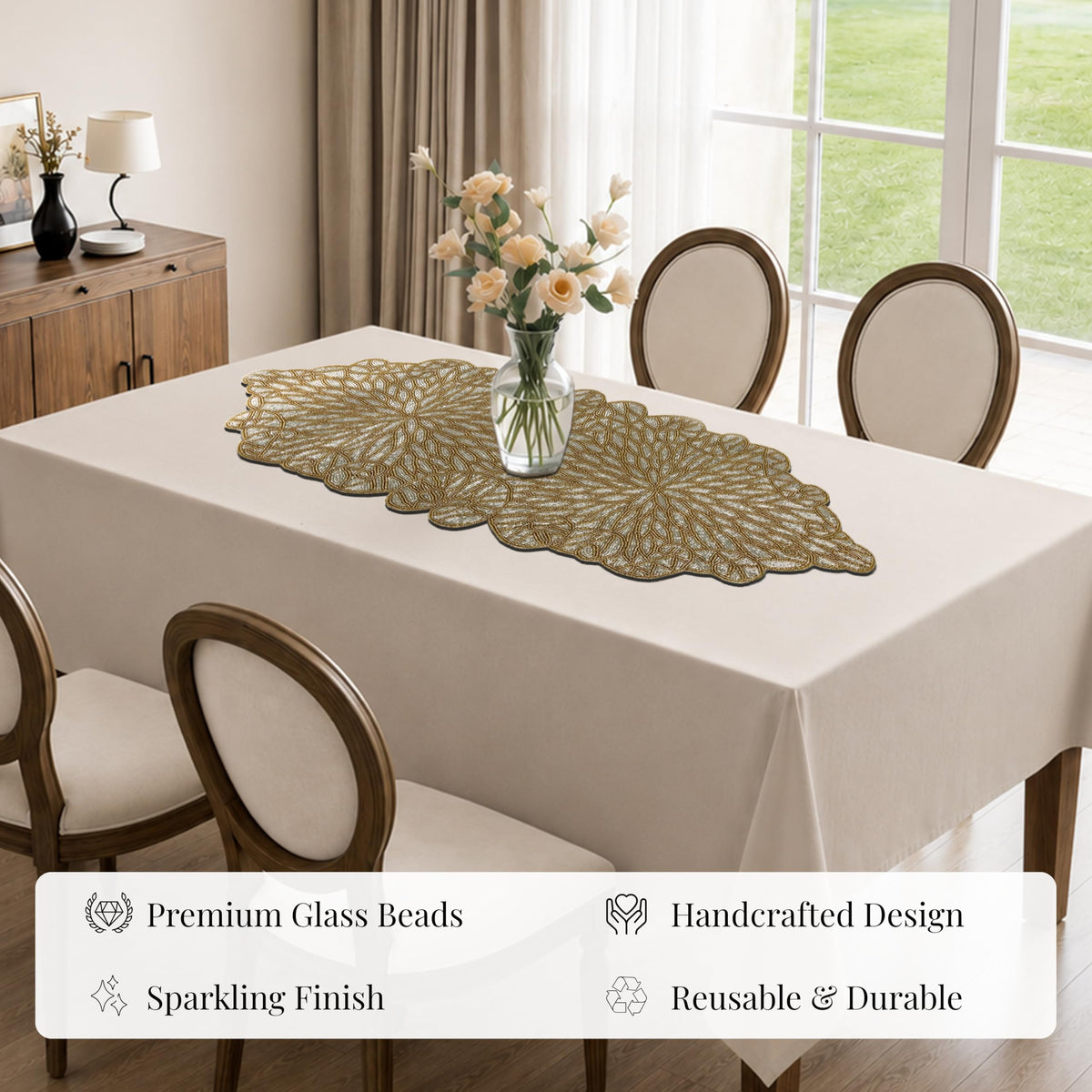 Hand Beaded Table Runner 13 x 36 Inch, Decorative Glass Bead Table Runner with Polyester Back, Elegant Dining Table Centerpiece for Coffee, Console & Buffet Tables, Wedding, Holiday & Home Décor
