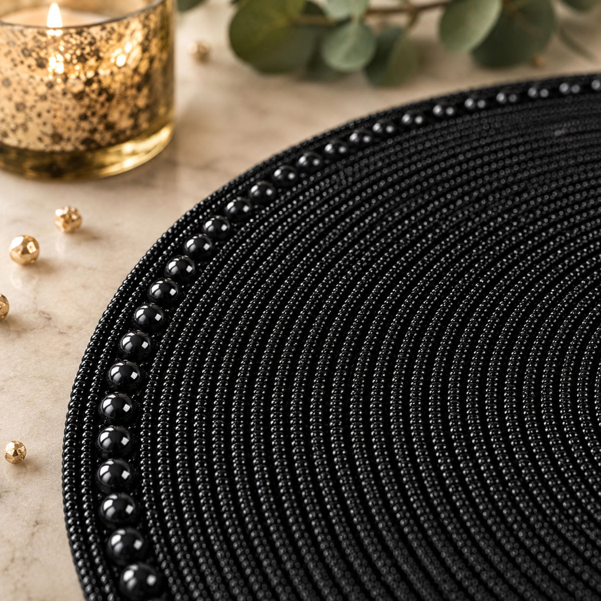 13" Round Glass Beaded Placemats - 2 Pack Table Mats Chargers for Dinner Plates, Plate Chargers Boho Luxurious Elegant Décor for Dining Table, Events & Parties (Black)