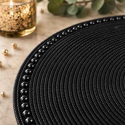 13" Round Glass Beaded Placemats - 2 Pack Table Mats Chargers for Dinner Plates, Plate Chargers Boho Luxurious Elegant Décor for Dining Table, Events & Parties (Black)