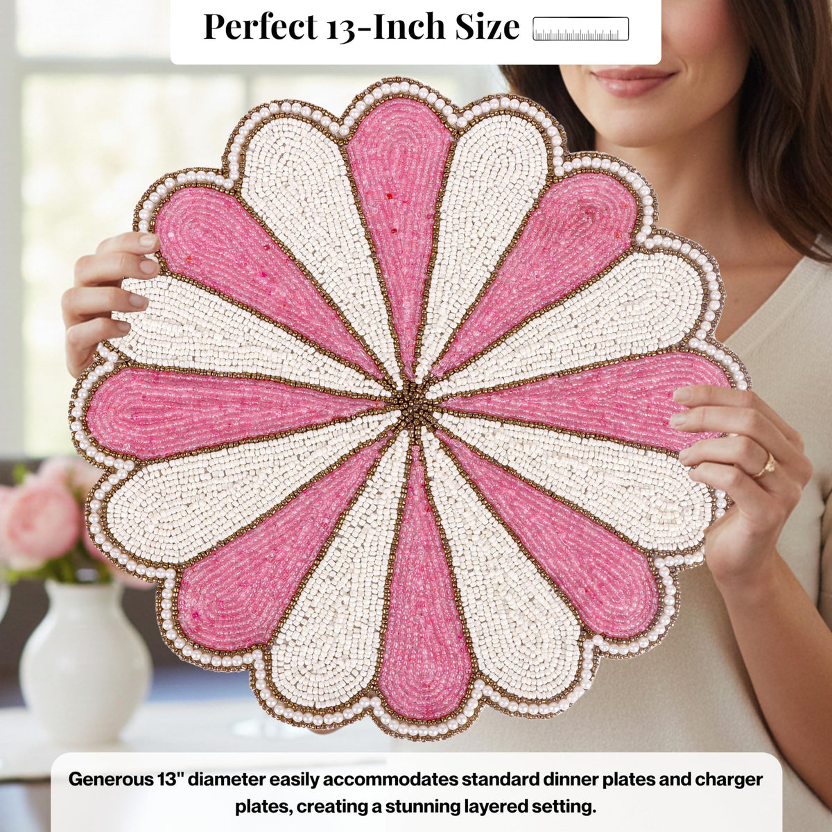 ALPHA LIVING HOME, 13-Inch Beaded Placemat, Pink White, Set of 1