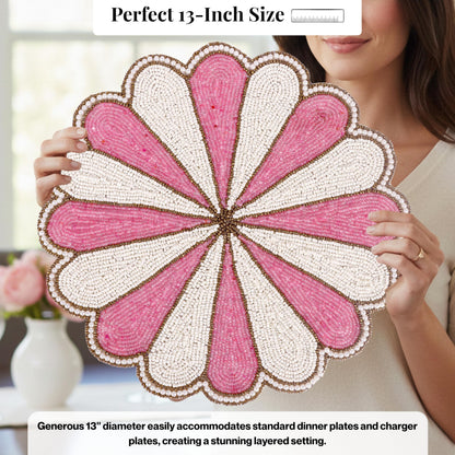 ALPHA LIVING HOME, 13-Inch Beaded Placemat, Pink White, Set of 1