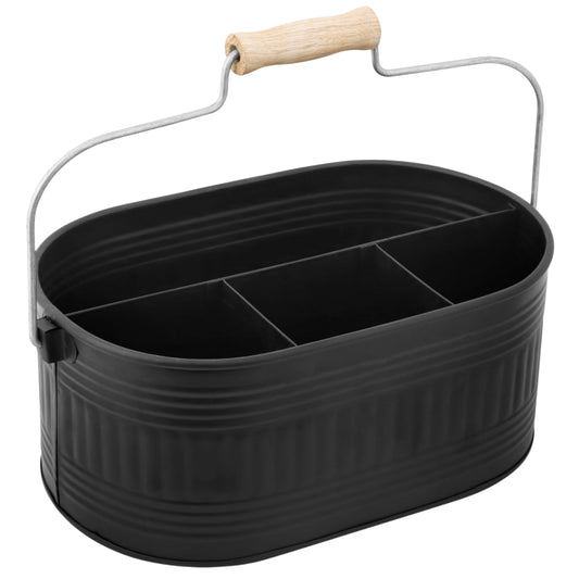 Alpha Living Home Large Silverware Drawer Organizer, Utensil Holder, Silverware Organizer, Caddy, Cutlery Holder, Wooden Handle 4-Section Galvanized Flatware Organizer for Kitchen, BBQ Black