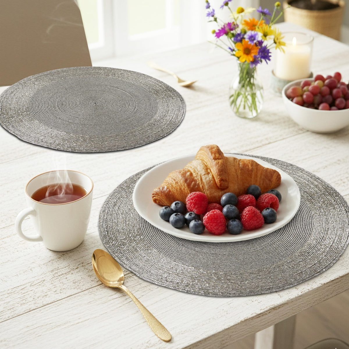 ALPHA Living HOME Round Beaded Placemats – 13 Inch Decorative Glass Bead Table Mats, Set of 4 (Silver)