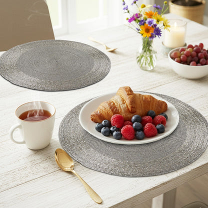 ALPHA Living HOME Round Beaded Placemats – 13 Inch Decorative Glass Bead Table Mats, Set of 4 (Silver)