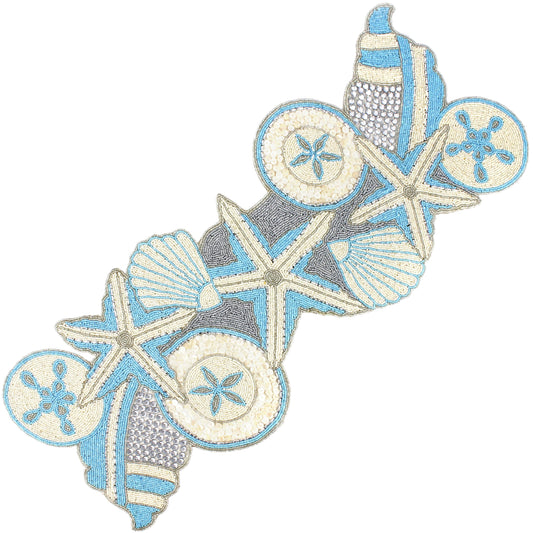 ALPHA Living HOME Blue Ivory Beaded Table Runner 36 Inch Glass Bead Decor